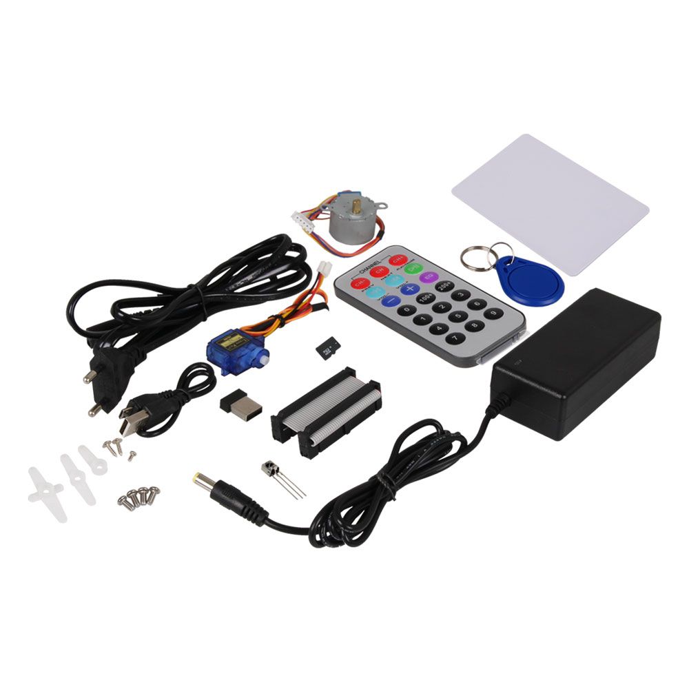 Sensoren: GPIO LED-indicator, breadboard, LCD-module, stroomkring, matrix-LED, segment-LED, trillingseenheid, lichtsensor, buzzer, geluidssensor, bewegingssensor, ultrasoonsensor, servo-interface, stappenmotor, hellingssensor, infraroodsensor, aanraaksensor, DH11-sensor, relais, matrixknoppen, onafhankelijke knoppen, RFID-module, schakelaar